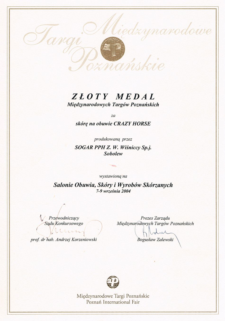 Złoty Medalna Miedzynarodowe Targi Poznańskie 2004 dyplom